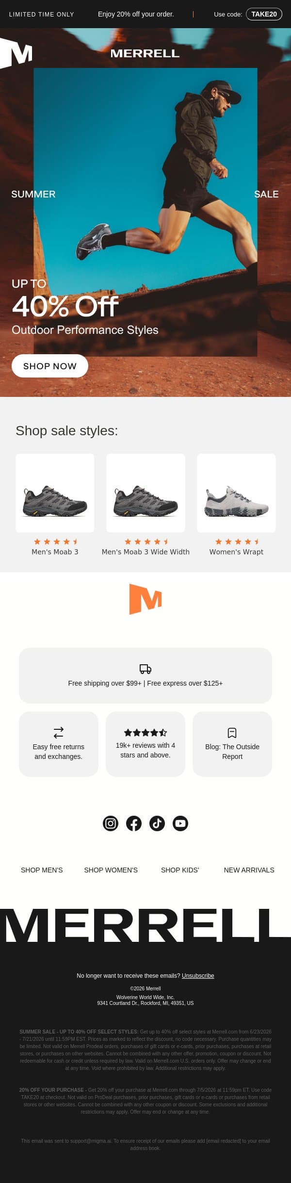 Up to 40% off summer styles: Long weekend starts here email from Merrell screenshot