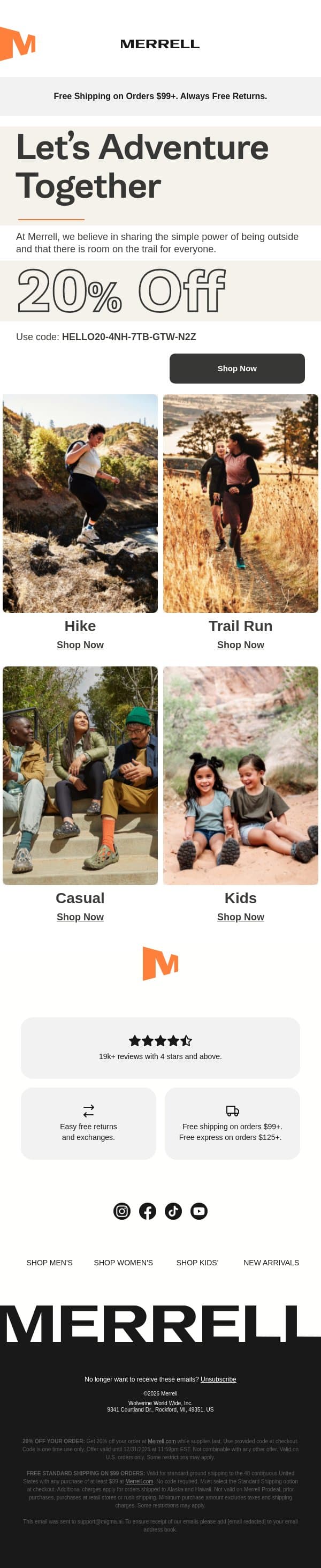 Get Outside With 20% Off email from Merrell screenshot