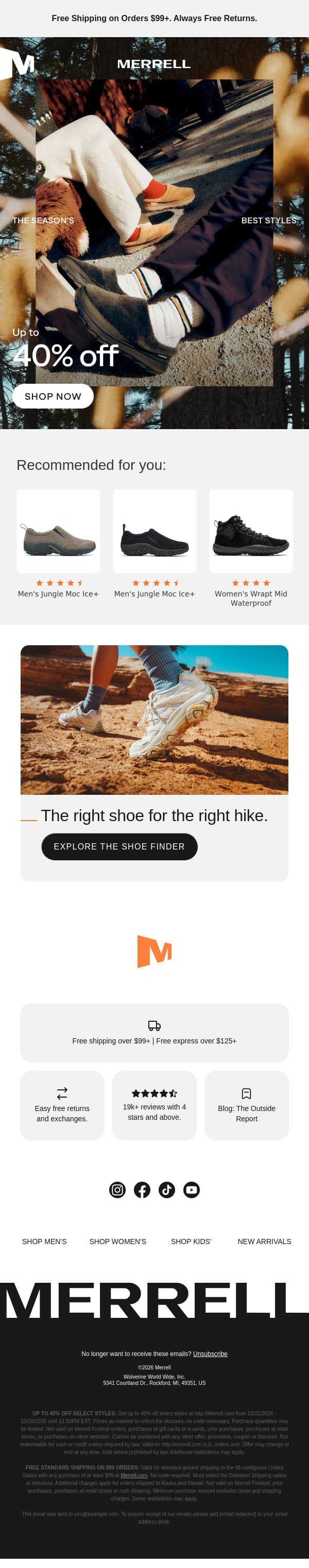 Up to 40% off the season's best styles email from Merrell screenshot