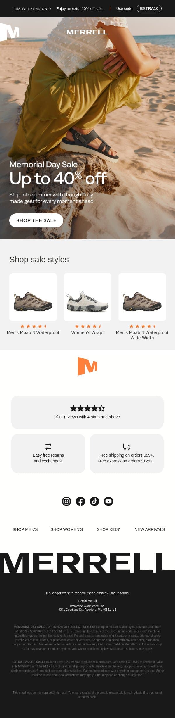 Memorial Day Weekend—Up to 40% off email from Merrell screenshot