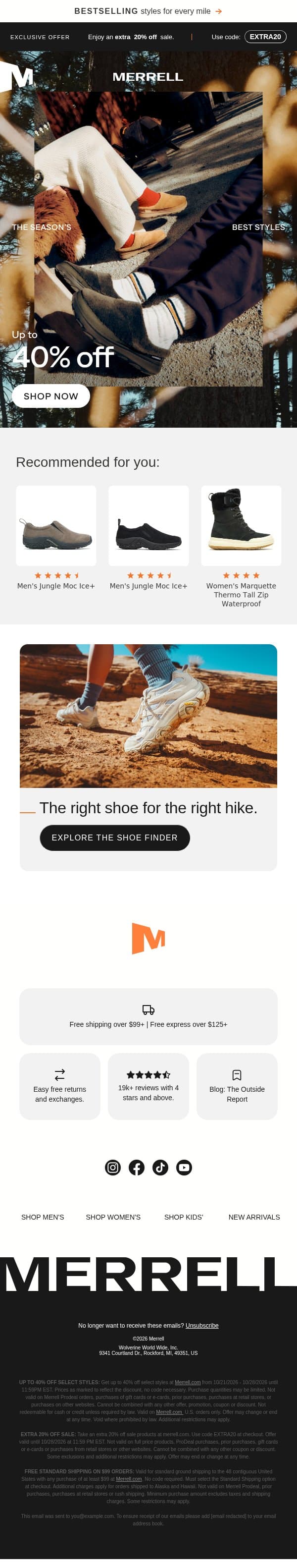 Final call: Extra 20% off ends tonight email from Merrell screenshot