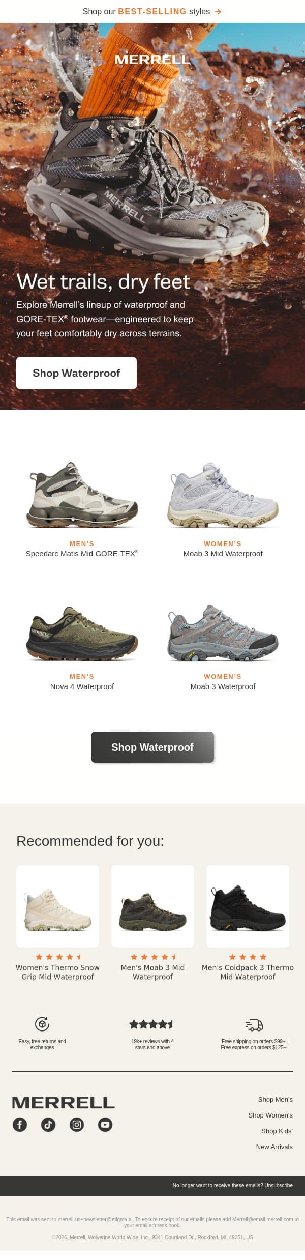 Essential footwear for wet and cold conditions email from Merrell screenshot