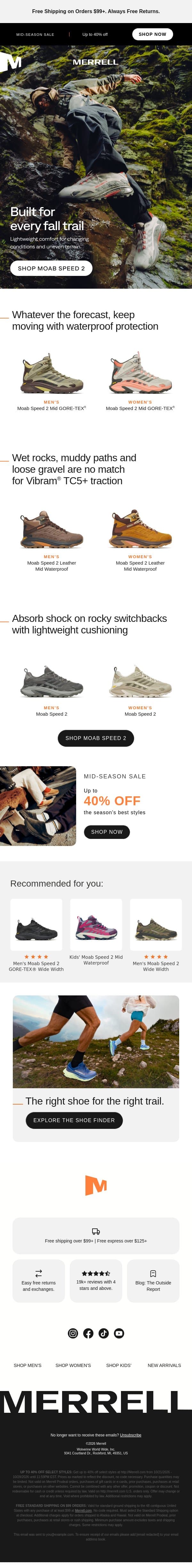 Waterproof. Lightweight. Ready to move. email from Merrell screenshot