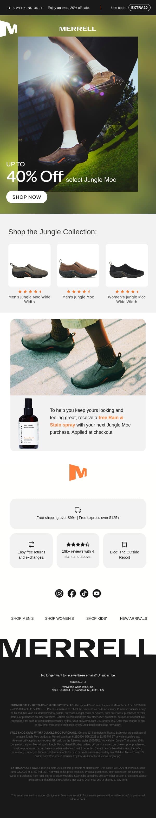 Last call for up to 40% off Jungle Moc email from Merrell screenshot