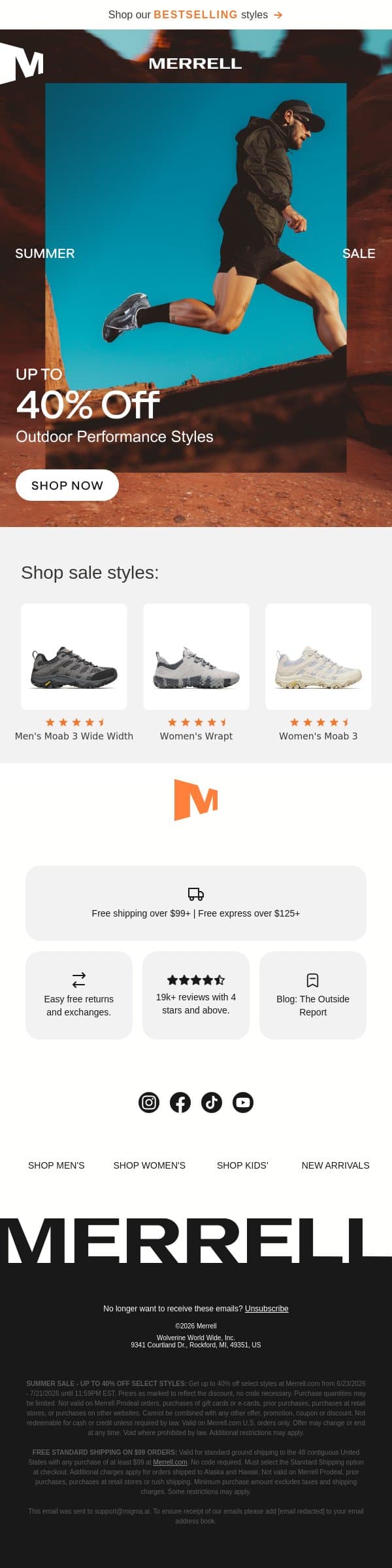 Up to 40% off—ends tomorrow email from Merrell screenshot