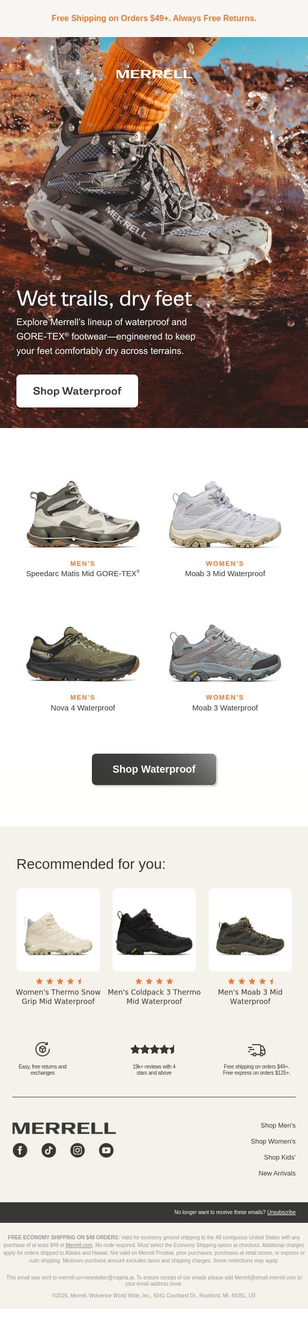 Top waterproof performance email from Merrell screenshot
