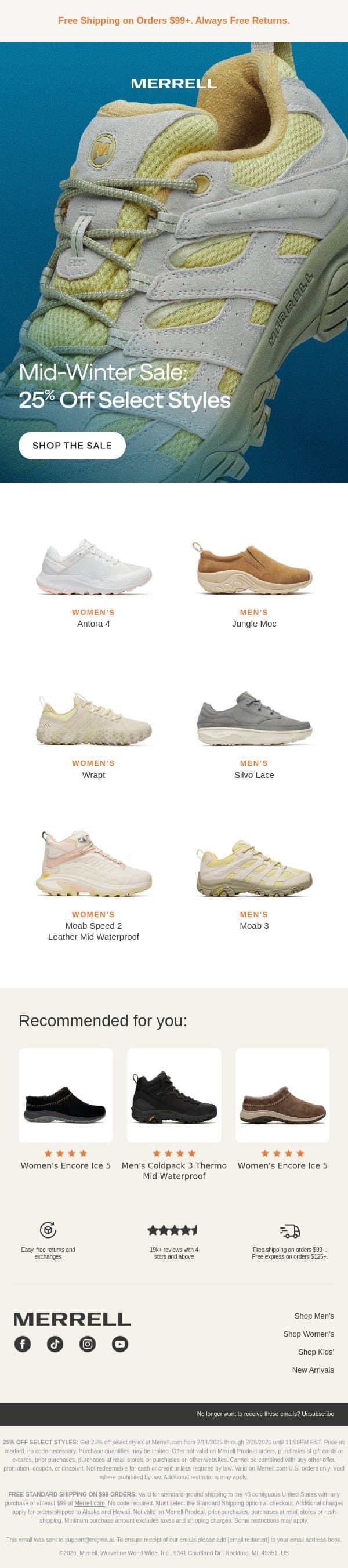 Reminder: 25% off ends at midnight email from Merrell screenshot