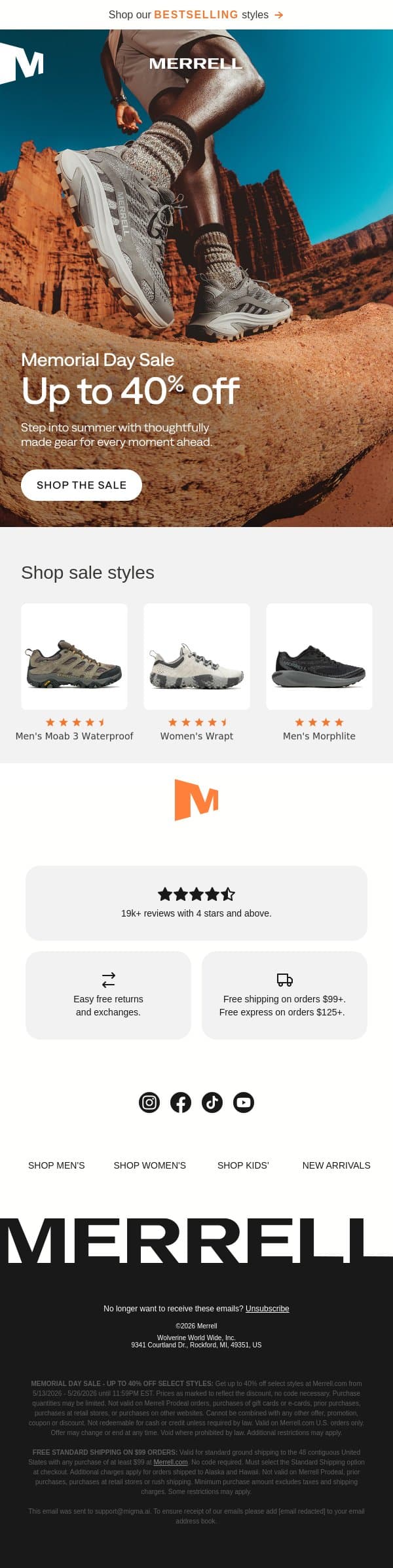 Up to 40% off hiking boots & more email from Merrell screenshot