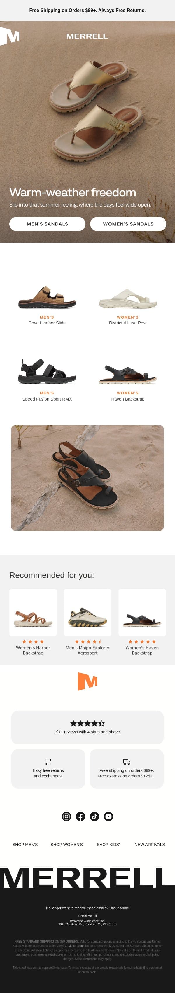 Summer-ready sandals email from Merrell screenshot