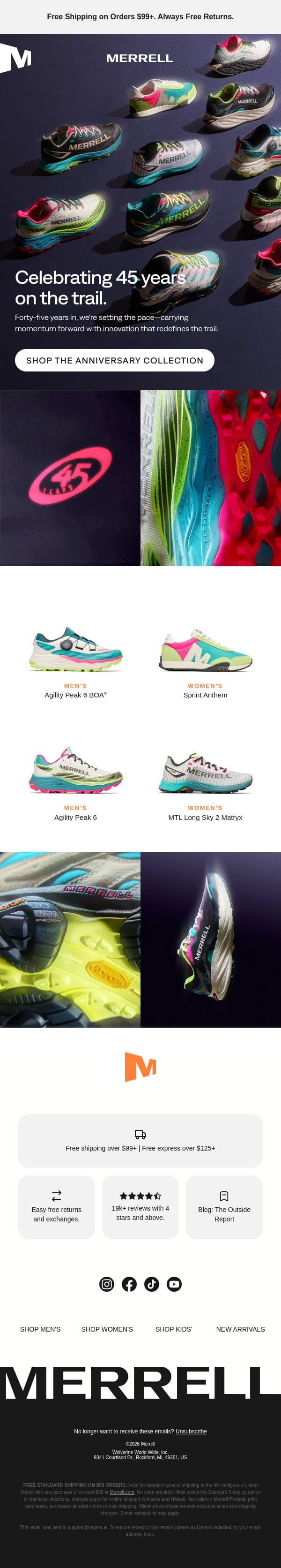 Celebrating 45 years on the trail email from Merrell screenshot