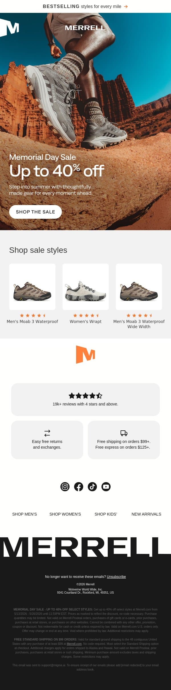 Up to 40% off ends tonight email from Merrell screenshot
