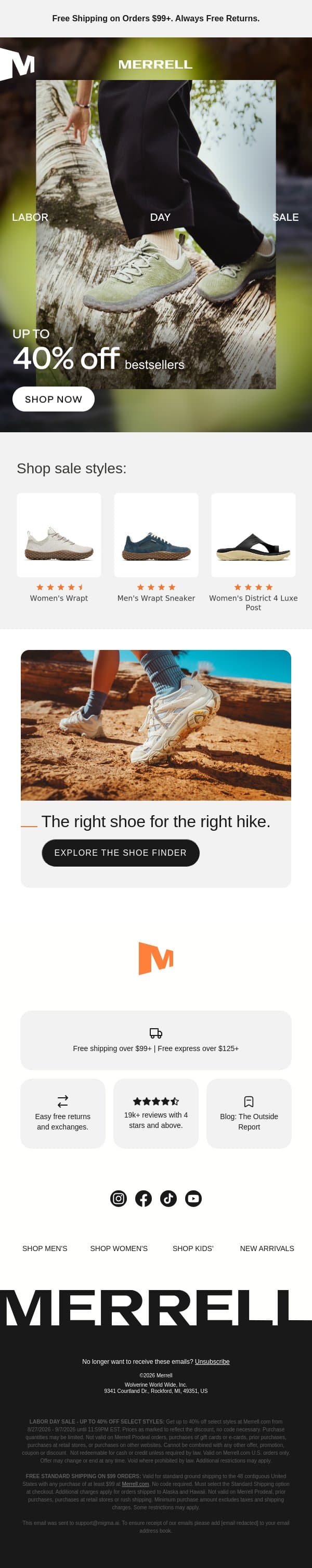 Shop up to 40% off Merrell favorites email from Merrell screenshot