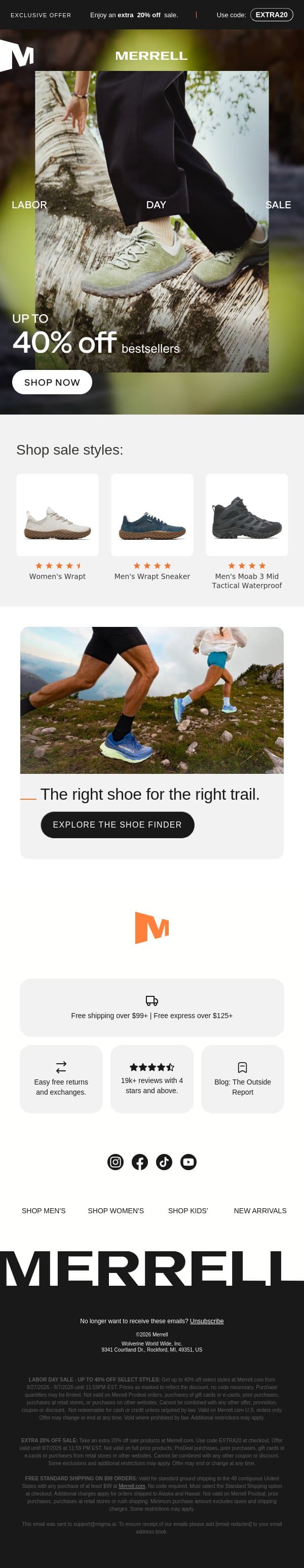 Up to 40% off Labor Day sale + extra 20% off sale just for you email from Merrell screenshot