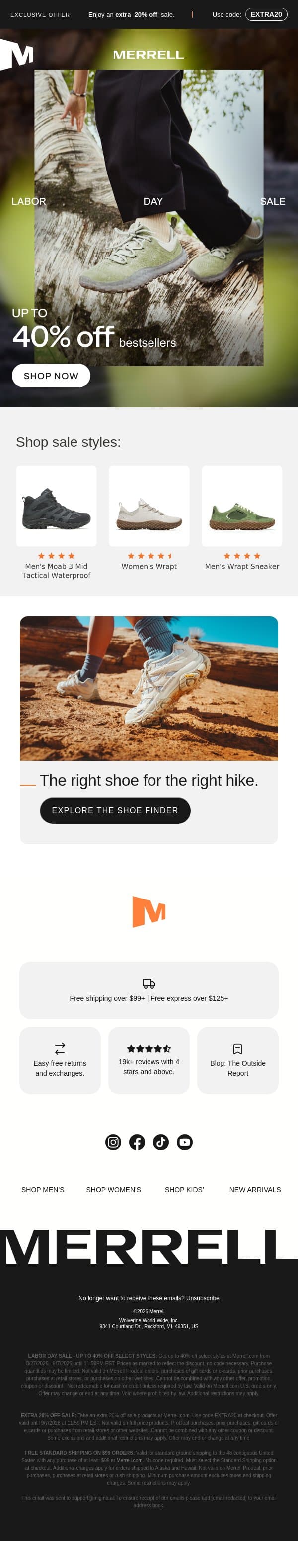 Last call: up to 40% off + extra 20% off Labor Day deals email from Merrell screenshot