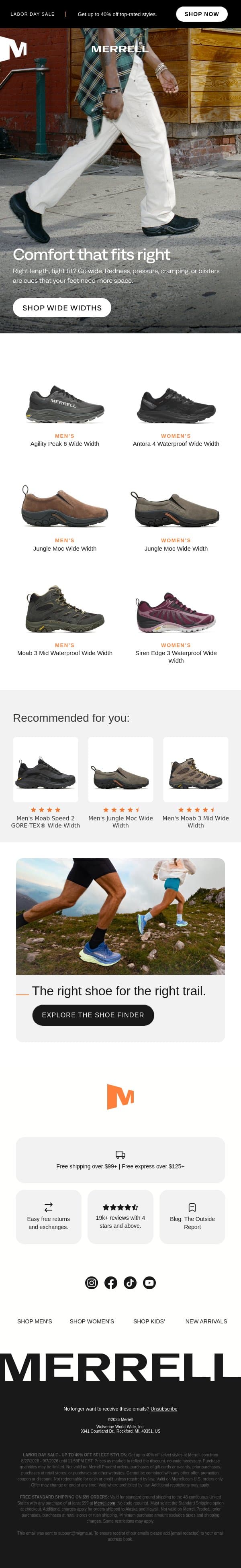 Our bestsellers, now in wide widths email from Merrell screenshot
