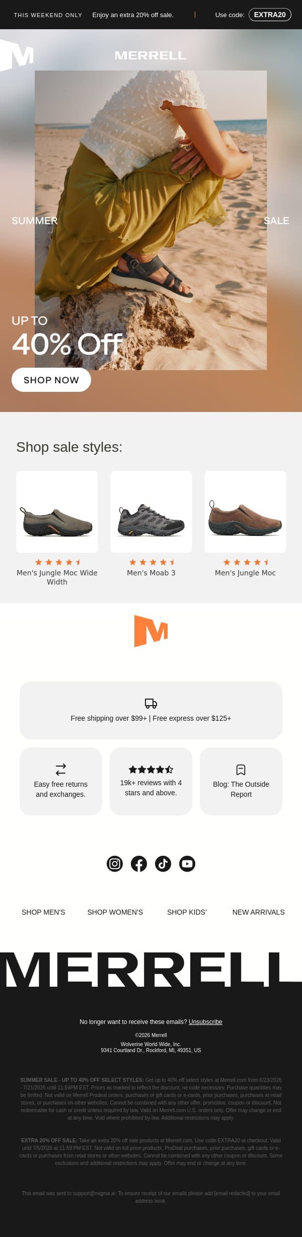 Up to 40% off summer must-haves ☀️ email from Merrell screenshot