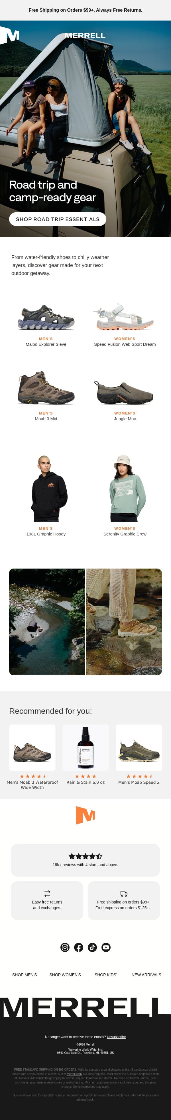 Essentials for the open road & open air email from Merrell screenshot