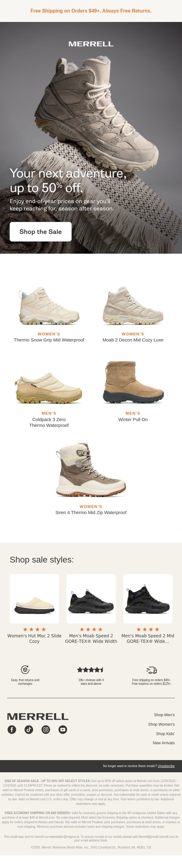 Act fast on up to 50% off email from Merrell screenshot
