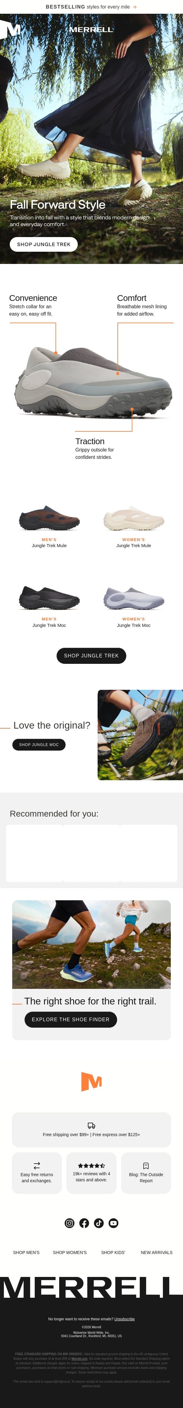Fall forward in the Jungle Trek Mule email from Merrell screenshot