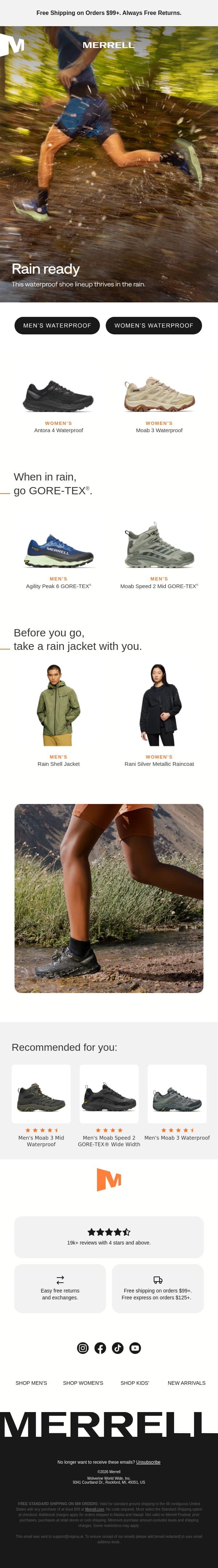 Top picks for rainy days email from Merrell screenshot
