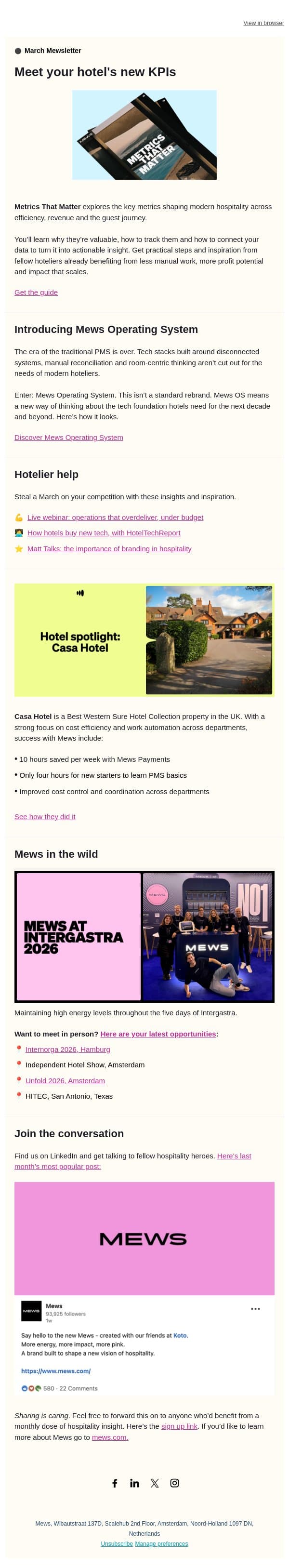 These metrics define hotel success | March Mewsletter email from Mews screenshot
