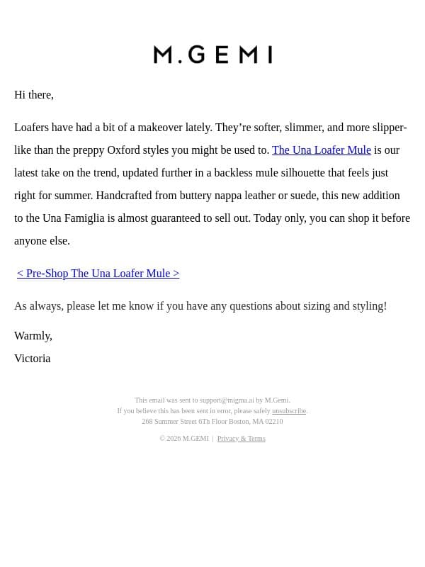 Pre-Shop The Una Loafer Mule email from M.Gemi screenshot