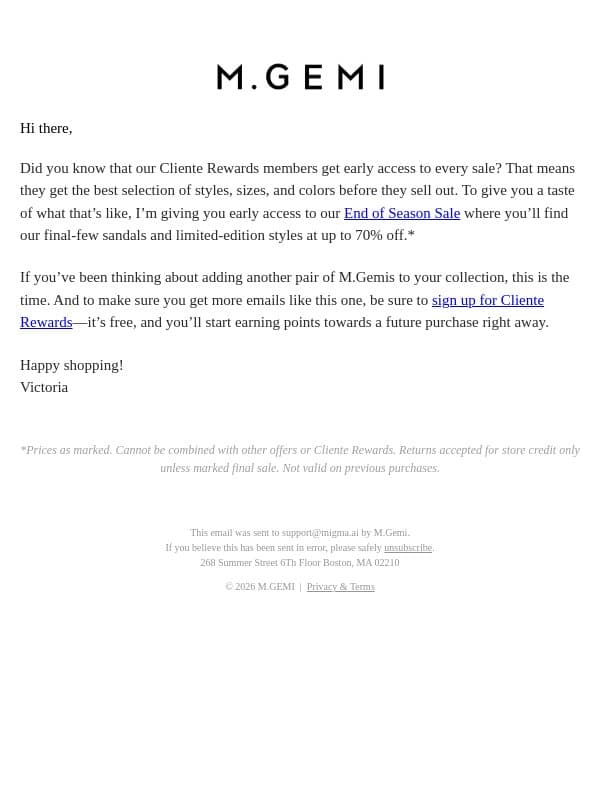 PRIVATE SALE ACCESS email from M.Gemi screenshot