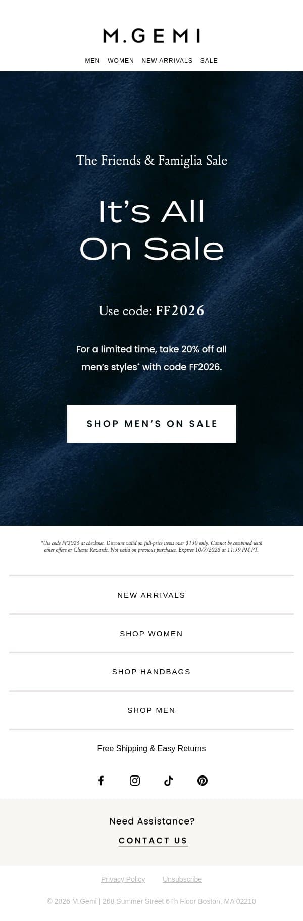 Men’s Styles Are 20% Off! email from M.Gemi screenshot