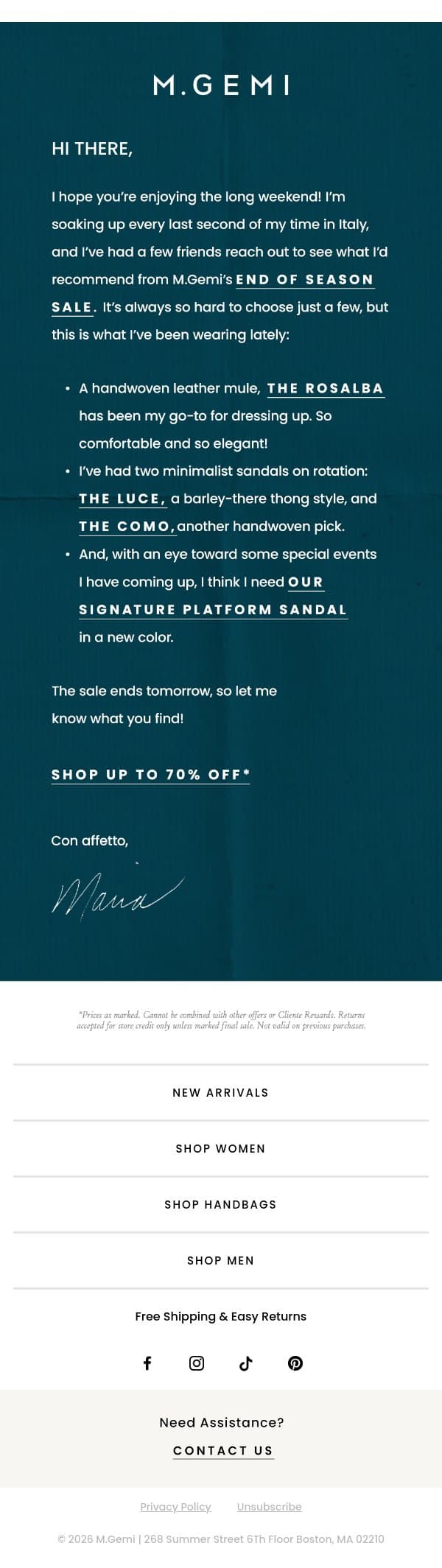 Our Founder’s Sale Picks email from M.Gemi screenshot
