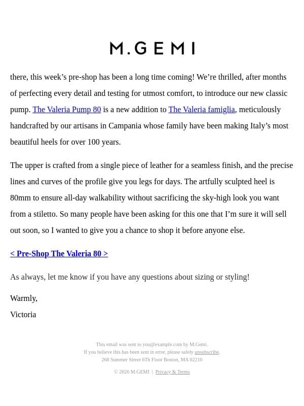 Pre-Shop The Valeria 80 email from M.Gemi screenshot