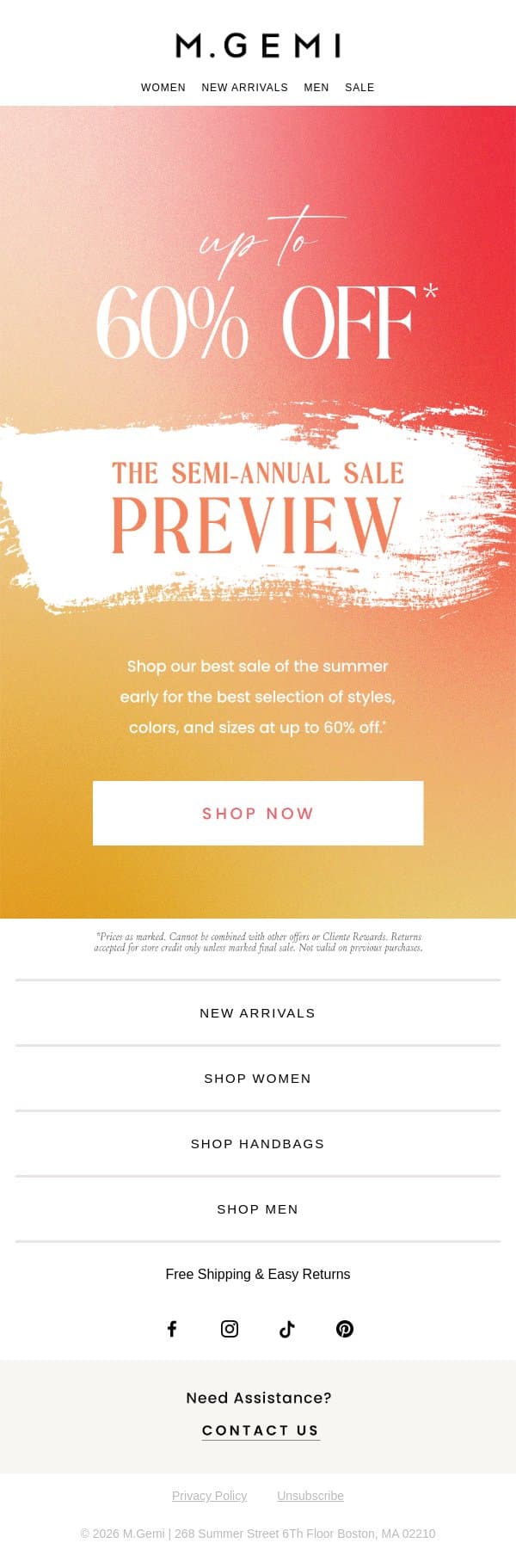 Now Live: The Semi-Annual Sale Preview email from M.Gemi screenshot