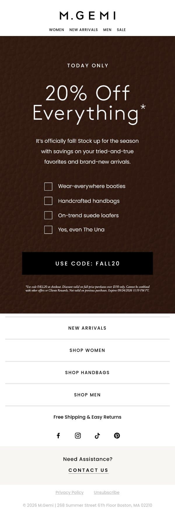 20% OFF EVERYTHING email from M.Gemi screenshot