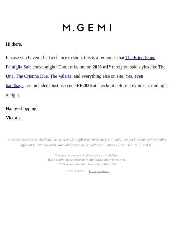 Final Hours For 20% Off Everything! email from M.Gemi screenshot