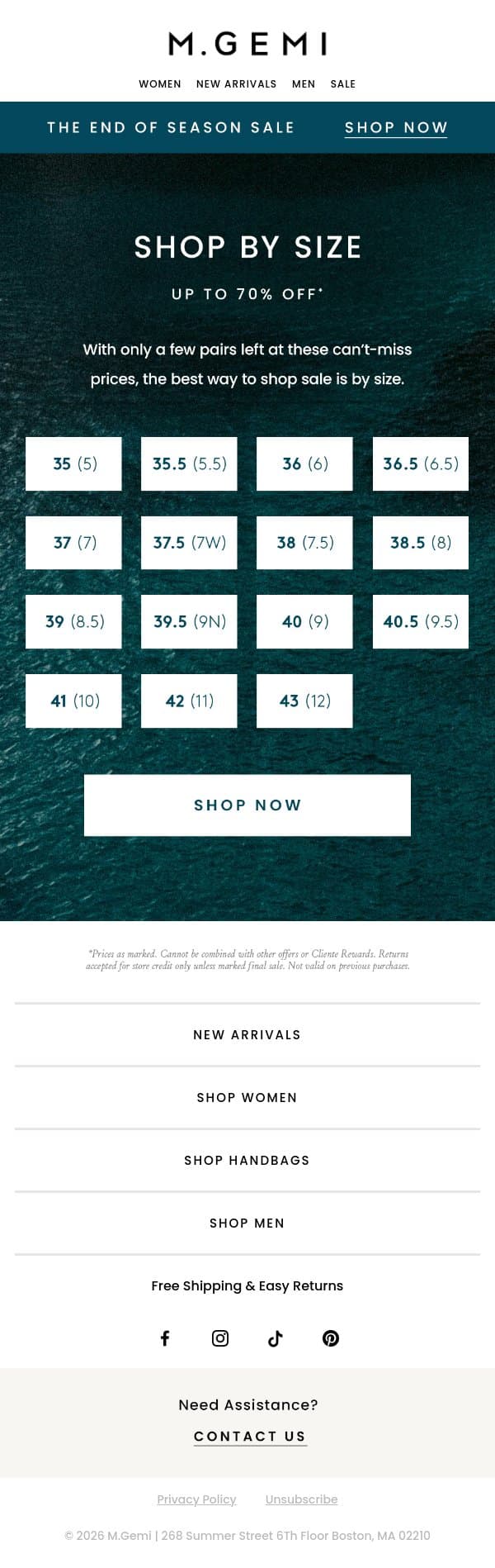 Up To 70% Off & In Your Size email from M.Gemi screenshot