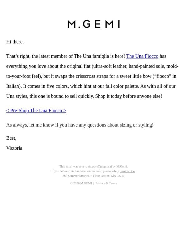 Pre-Shop The Una Fiocco email from M.Gemi screenshot