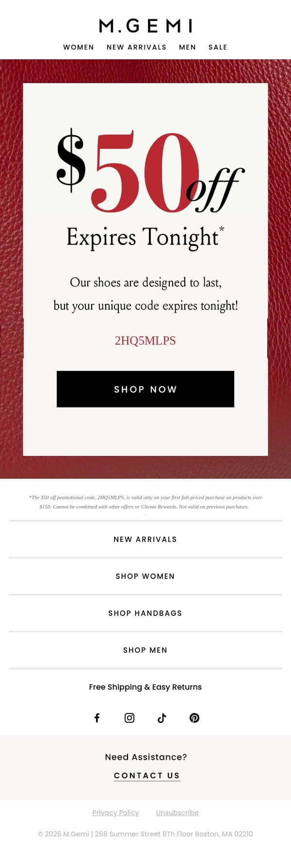Last Chance: Take $50 Off Artisan-Made Styles email from M.Gemi screenshot