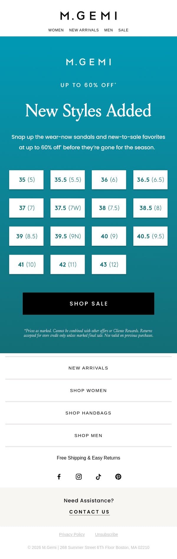 New Styles Added To Sale! email from M.Gemi screenshot