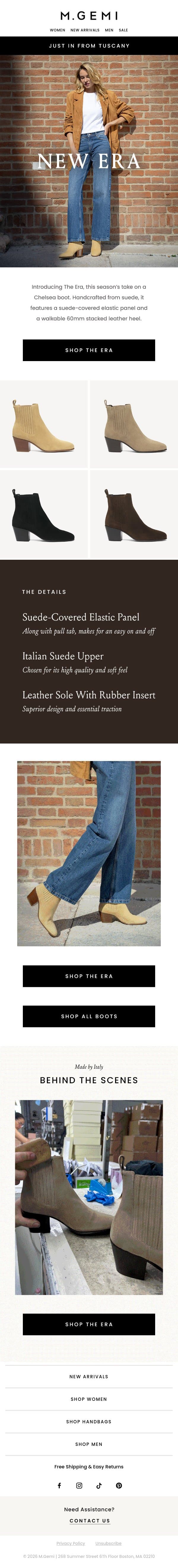 New Today: A Suede Chelsea Boot email from M.Gemi screenshot