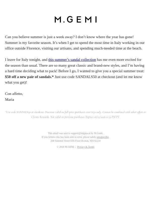 Summer Treat: $50 Off Sandals email from M.Gemi screenshot