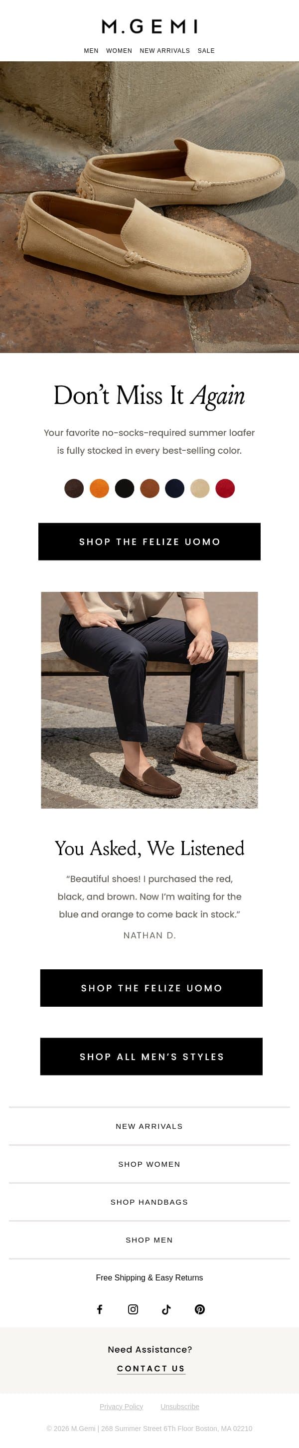 Back In Stock: The Felize Uomo email from M.Gemi screenshot
