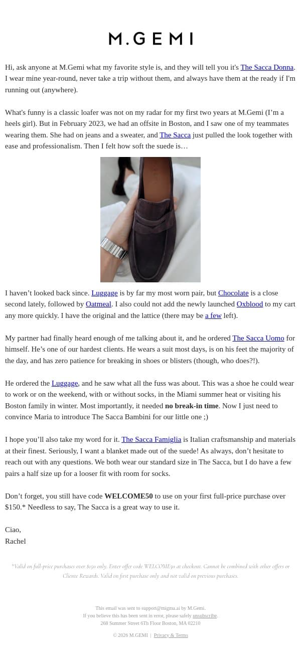 My Most Worn: The Sacca email from M.Gemi screenshot