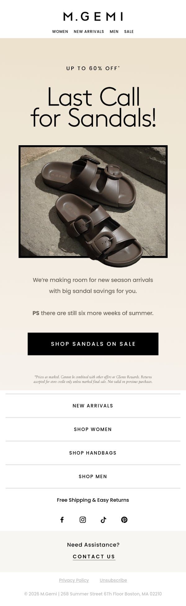 Last Call! Up To 60% Off Sandals email from M.Gemi screenshot