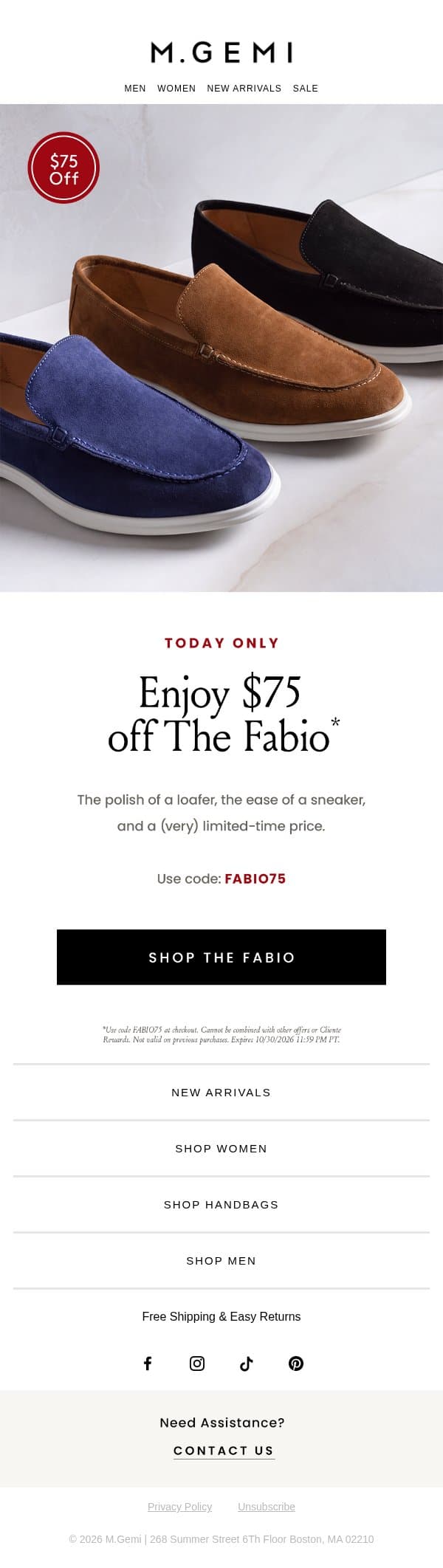 One Day Only: $75 Off The Fabio email from M.Gemi screenshot