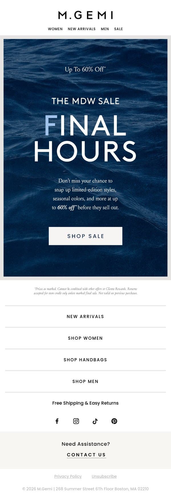 Up To 60% Off Ends Tonight! email from M.Gemi screenshot