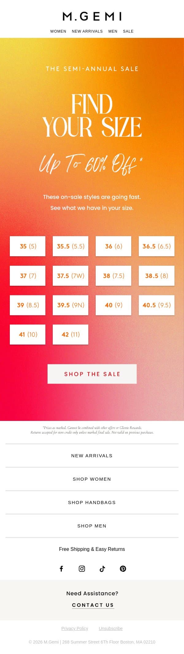 Your Size Is Up To 60% Off email from M.Gemi screenshot