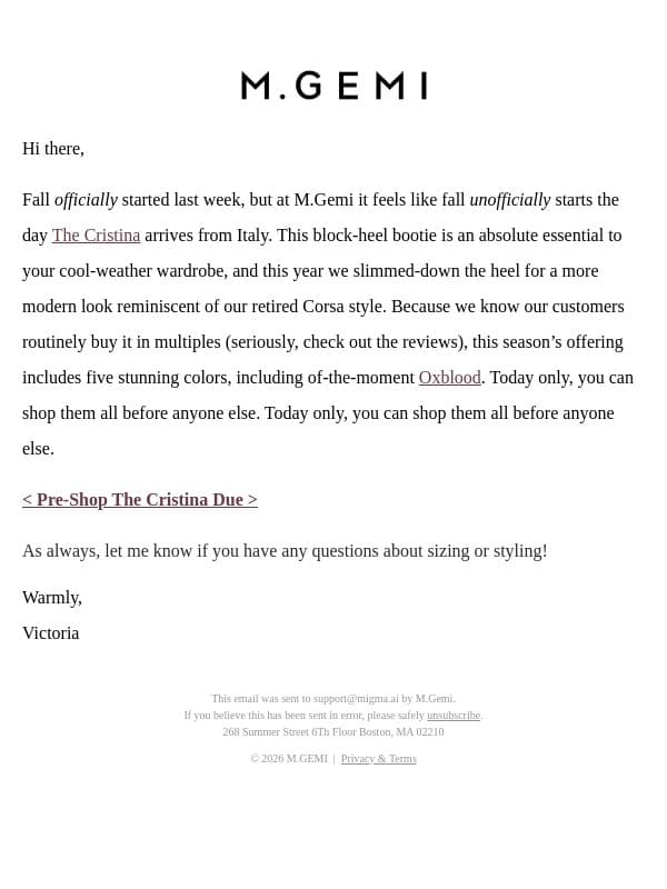 Pre-Shop The Cristina Due email from M.Gemi screenshot