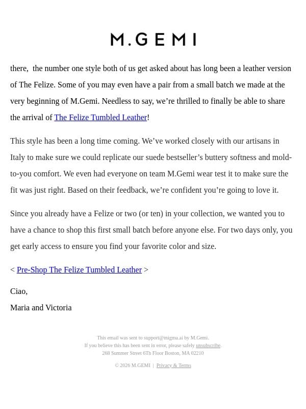 Early Access: The Felize Tumbled Leather email from M.Gemi screenshot