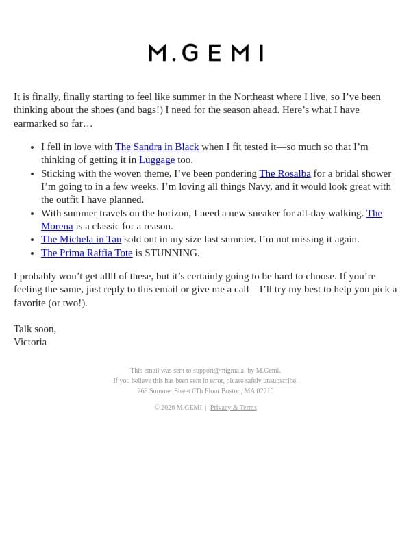 What’s In My Cart email from M.Gemi screenshot