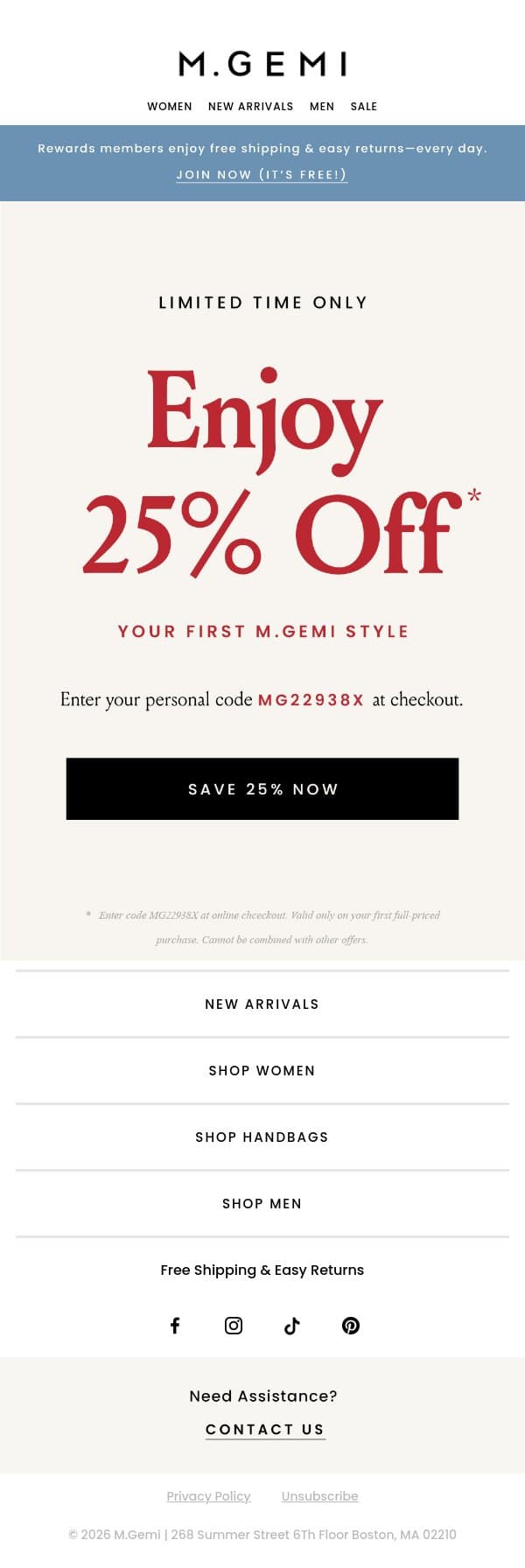 Time-Sensitive: 25% Off Your First Order email from M.Gemi screenshot
