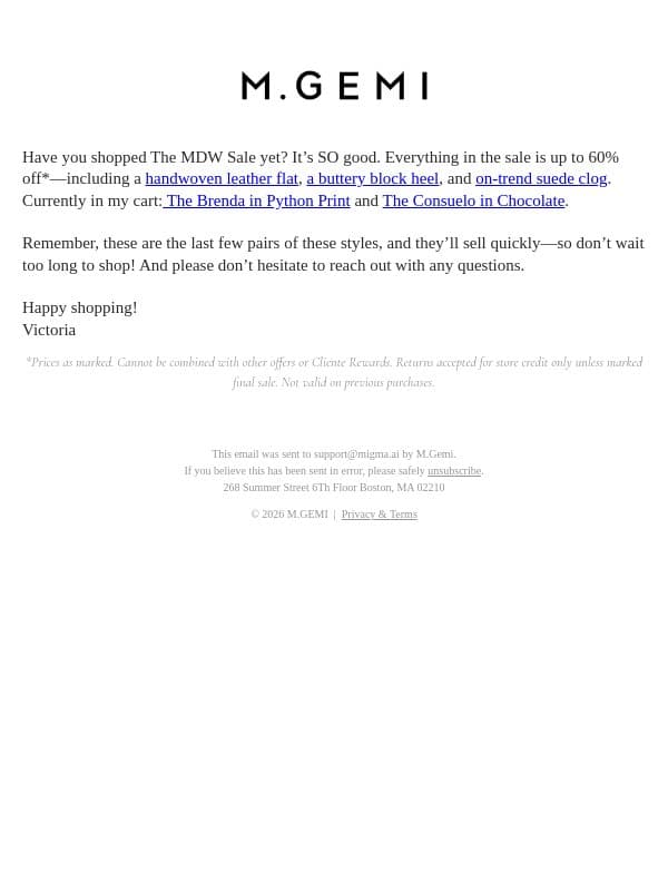 Our Stylist’s Guide To Sale email from M.Gemi screenshot